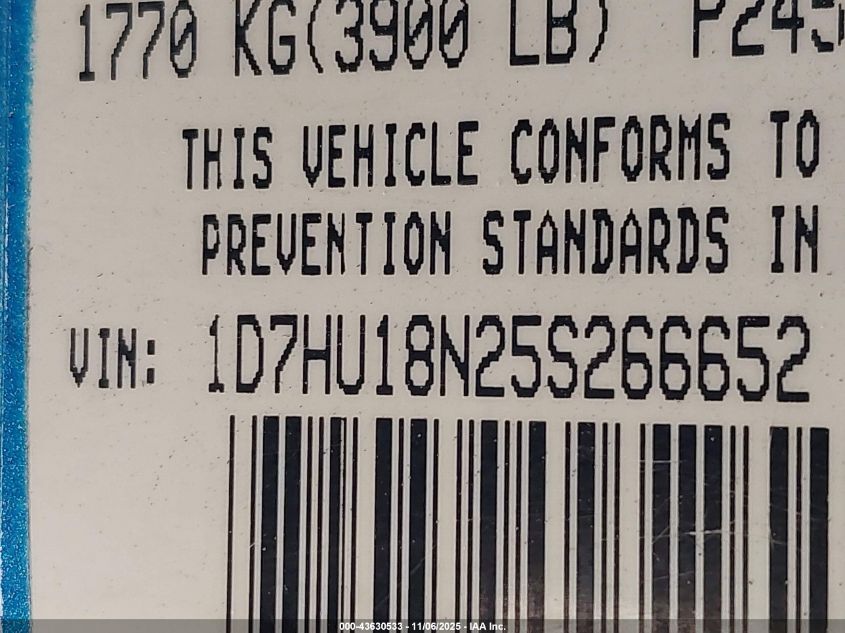 2005 Dodge Ram 1500 Slt/Laramie VIN: 1D7HU18N25S266652 Lot: 43630533