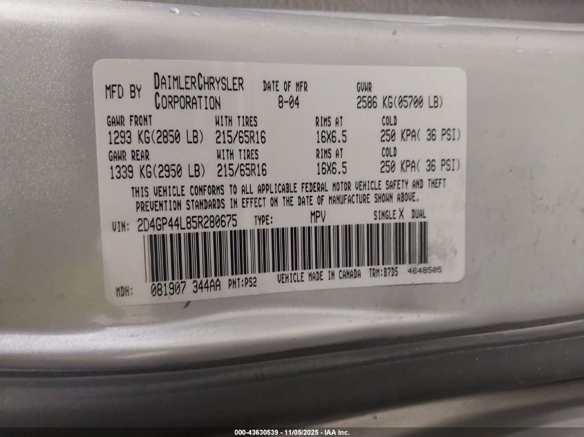 2005 Dodge Grand Caravan Sxt VIN: 2D4GP44L85R280675 Lot: 43630539