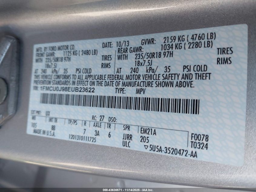 2014 Ford Escape Titanium VIN: 1FMCU0J98EUB23622 Lot: 43630571