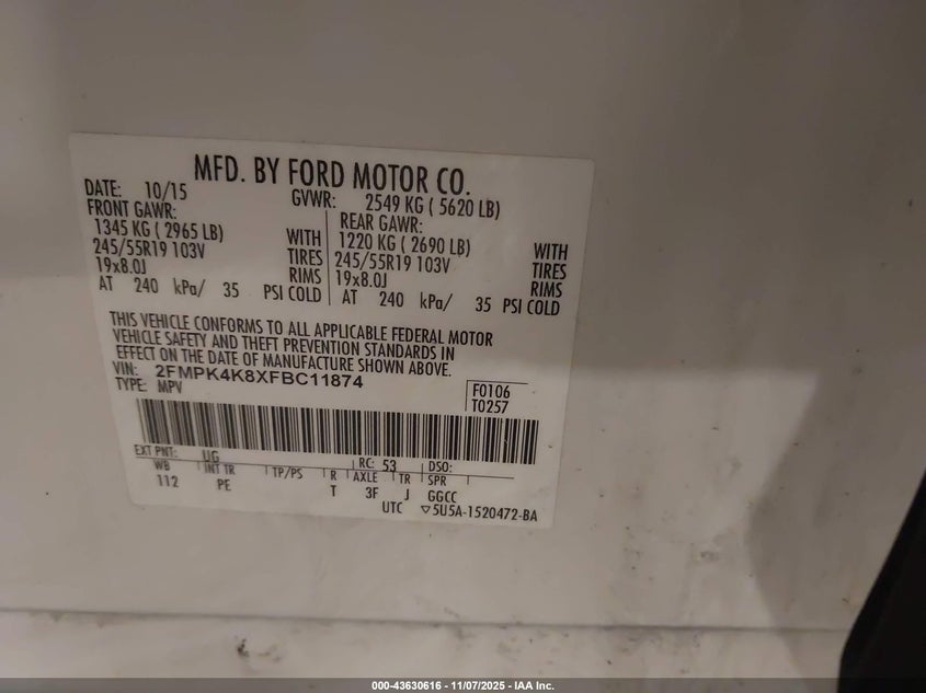 2015 FORD EDGE TITANIUM 2FMPK4K8XFBC11874