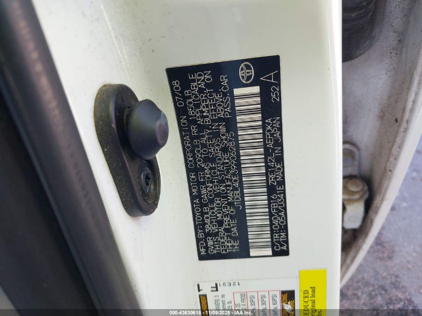 2009 Toyota Corolla Le VIN: JTDBL40E399062875 Lot: 43630618