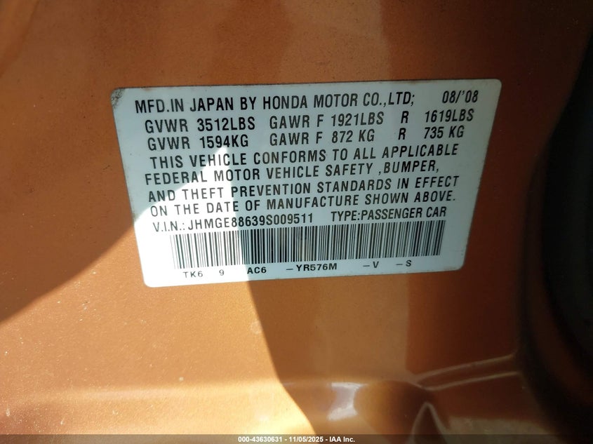 2009 Honda Fit Sport VIN: JHMGE88639S009511 Lot: 43630631