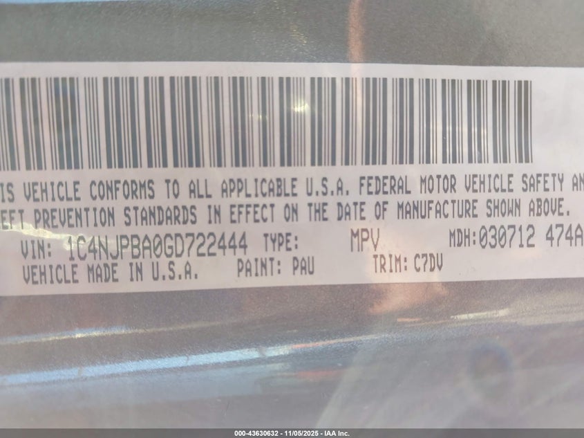 2016 JEEP PATRIOT SPORT 1C4NJPBA0GD722444