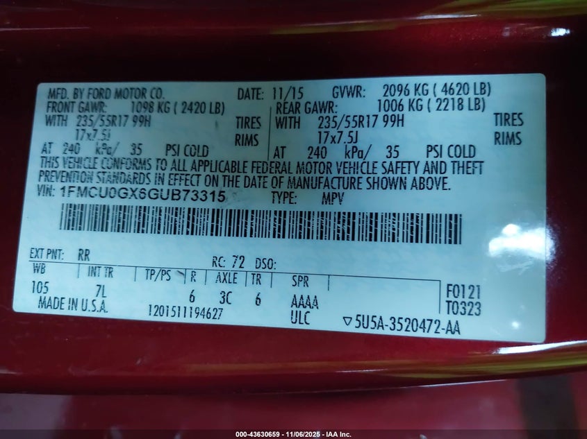 2016 Ford Escape Se VIN: 1FMCU0GX6GUB73315 Lot: 43630659