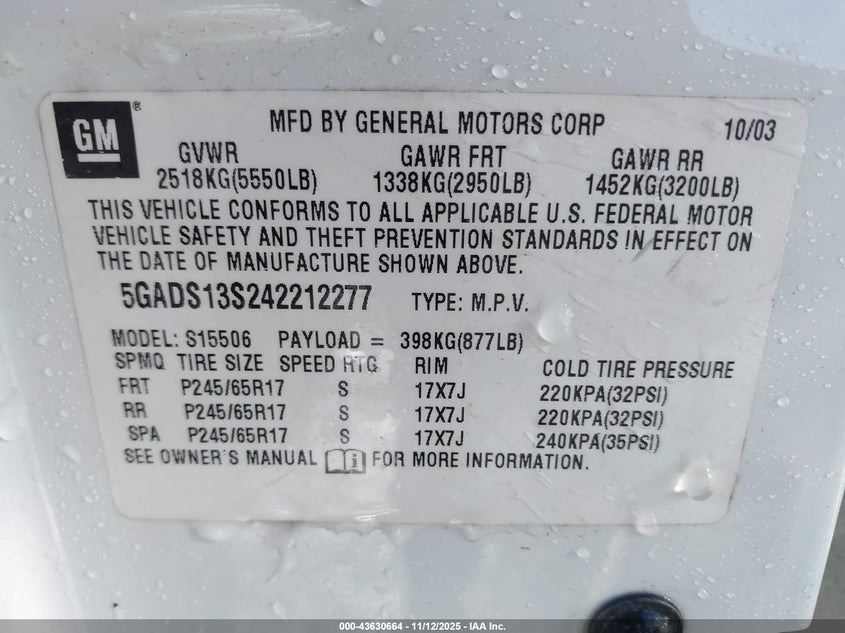 2004 Buick Rainier Cxl Plus VIN: 5GADS13S242212277 Lot: 43630664