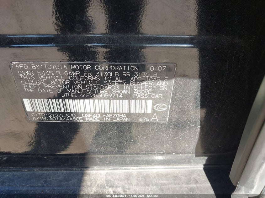 2008 Lexus Ls 460 VIN: JTHBL46F285059714 Lot: 43630671