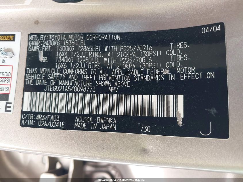 2004 Toyota Highlander VIN: JTEGD21A540098773 Lot: 43630684