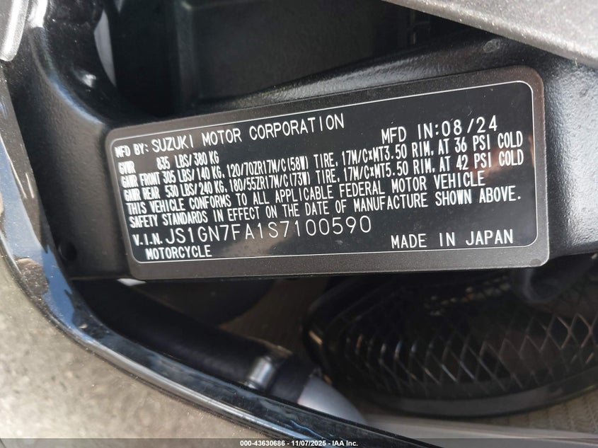 2025 Suzuki Gsx-R600 VIN: JS1GN7FA1S7100590 Lot: 43630686