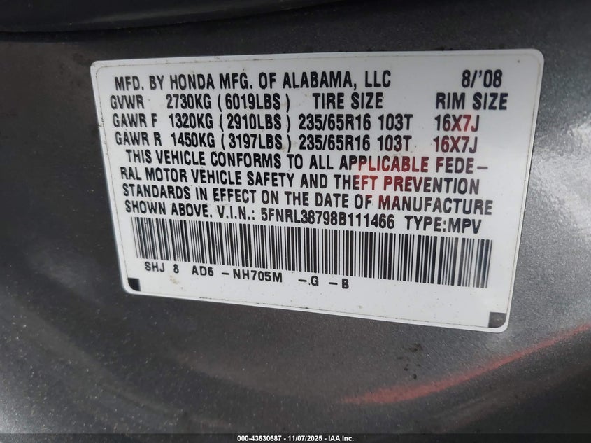5FNRL38798B111466 2008 HONDA ODYSSEY photo no. 9