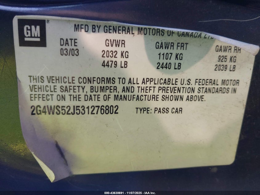 2G4WS52J531276802 2003 BUICK CENTURY photo no. 9