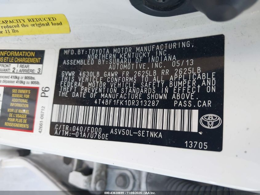 2013 Toyota Camry Le VIN: 4T4BF1FK1DR313287 Lot: 43630699