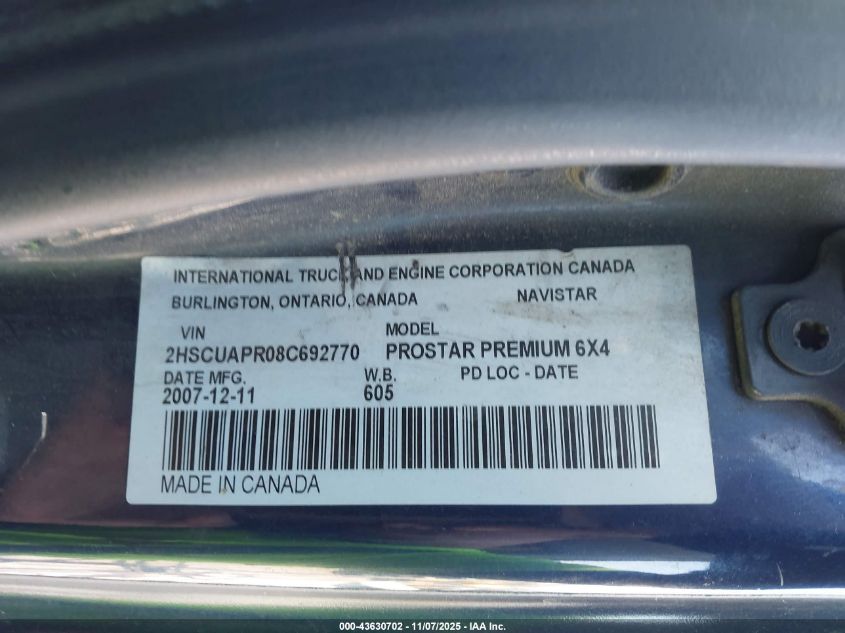 2008 International Prostar Premium VIN: 2HSCUAPR08C692770 Lot: 43630702
