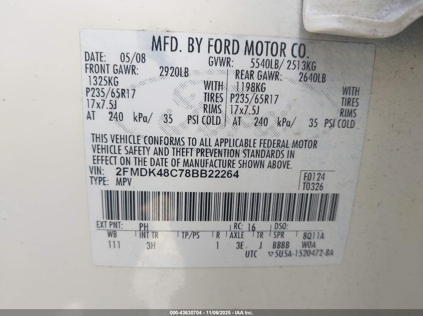 2008 Ford Edge Sel VIN: 2FMDK48C78BB22264 Lot: 43630704