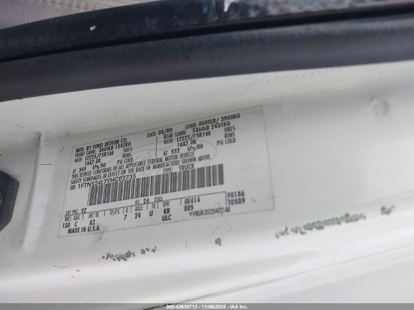 2000 Ford E-250 Commercial/Recreational VIN: 1FTNS24L7YHC02735 Lot: 43630713