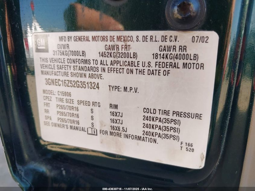 2002 Chevrolet Suburban 1500 Lt VIN: 3GNEC16Z52G351324 Lot: 43630716