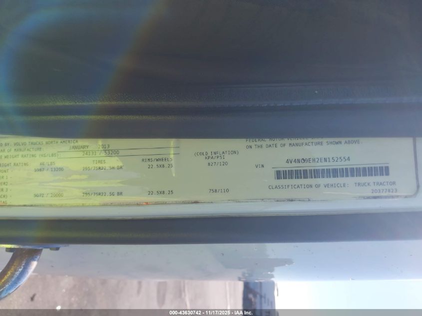 2014 Volvo Vn Vnl VIN: 4V4NC9EH2EN152554 Lot: 43630742