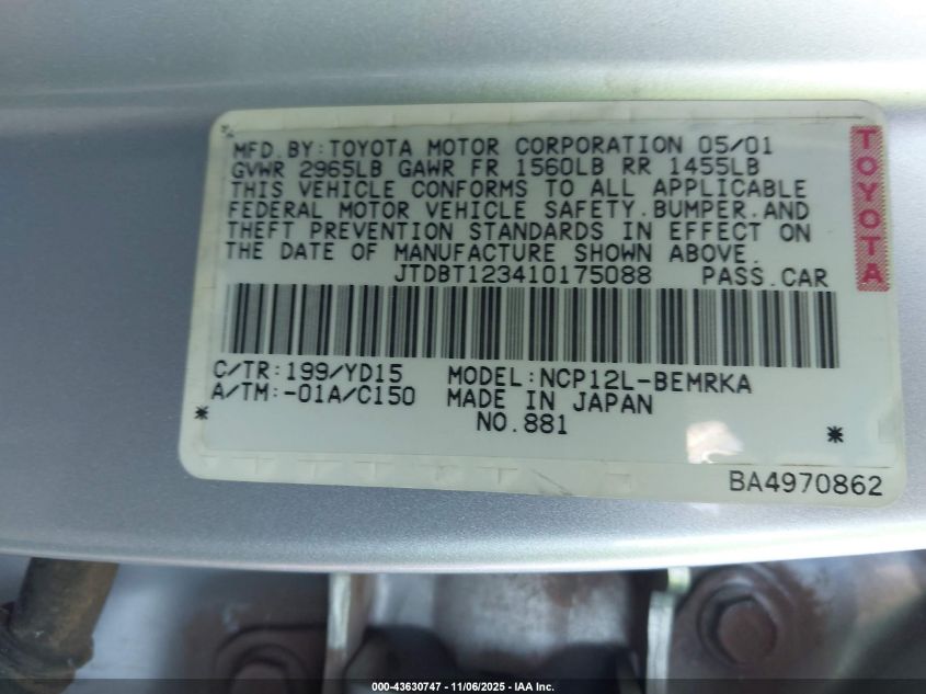 2001 Toyota Echo VIN: JTDBT123410175088 Lot: 43630747