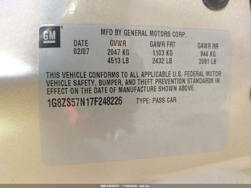 2007 Saturn Aura Xe VIN: 1G8ZS57N17F248226 Lot: 43630751