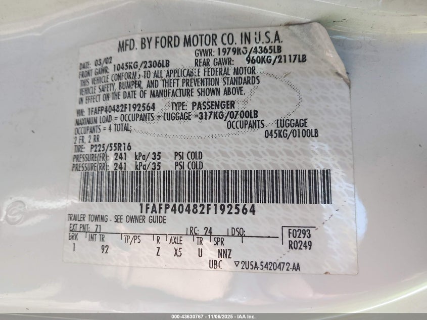 2002 Ford Mustang VIN: 1FAFP40482F192564 Lot: 43630767