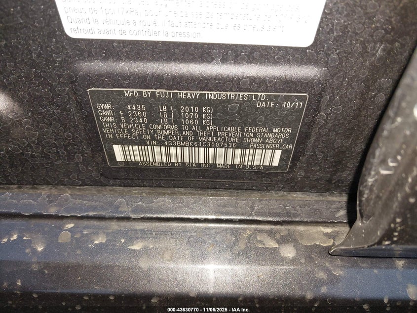 2012 Subaru Legacy 2.5I Limited VIN: 4S3BMBK61C3007536 Lot: 43630770