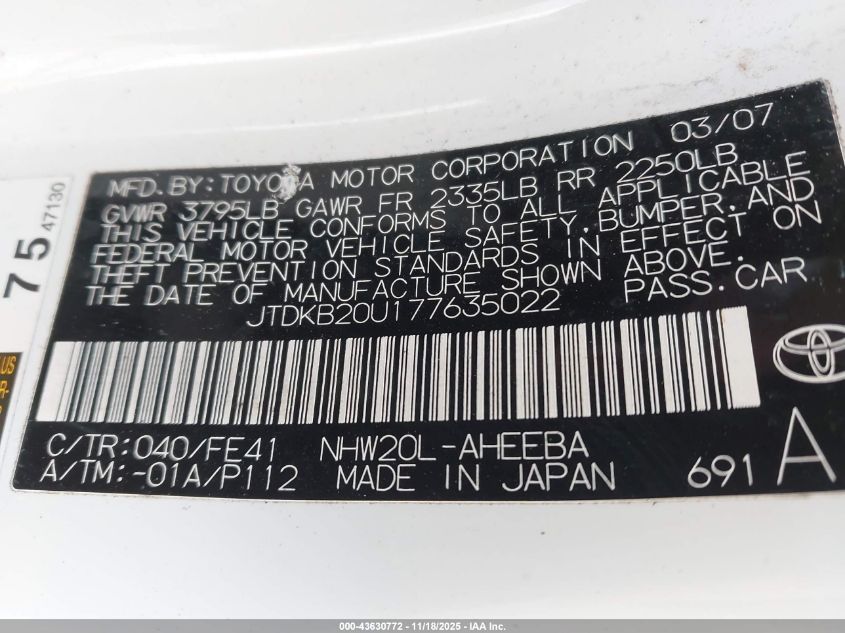 2007 Toyota Prius VIN: JTDKB20U177635022 Lot: 43630772