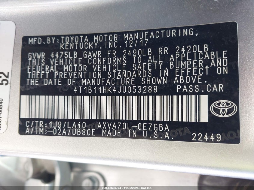 2018 TOYOTA CAMRY XLE 4T1B11HK4JU053288