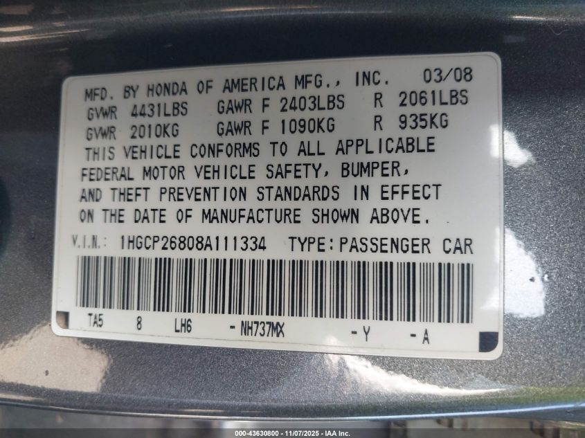 2008 Honda Accord 2.4 Ex-L VIN: 1HGCP26808A111334 Lot: 43630800