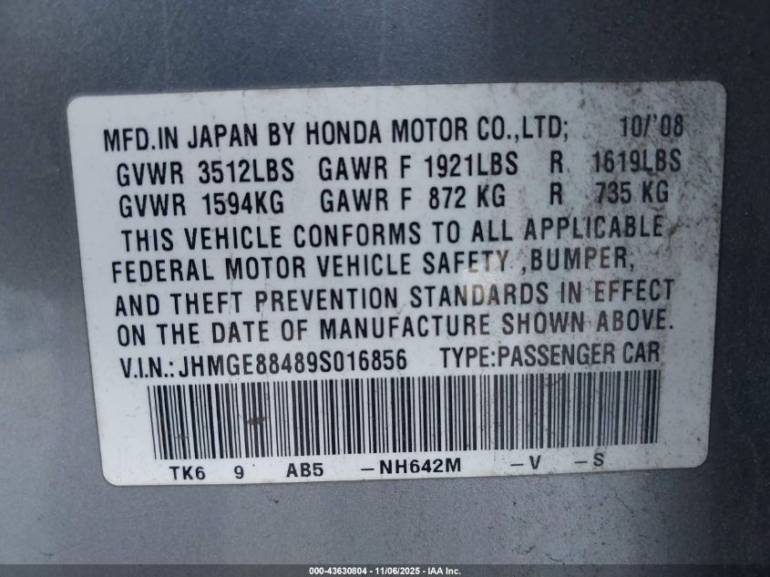 2009 Honda Fit Sport VIN: JHMGE88489S016856 Lot: 43630804