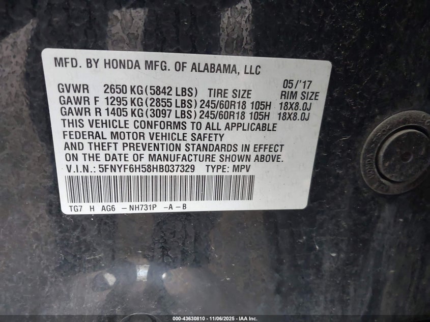 2017 HONDA PILOT EX-L - 5FNYF6H58HB037329