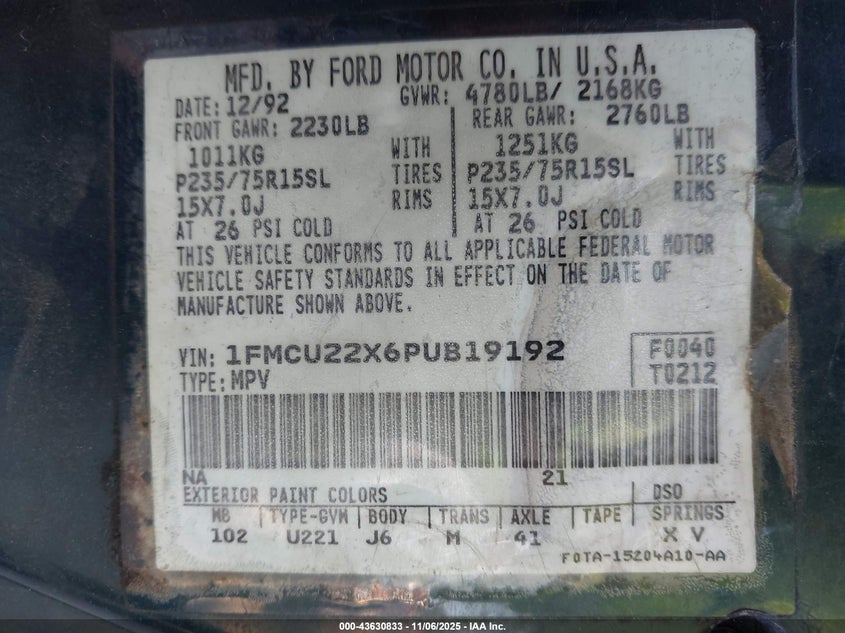 1993 Ford Explorer VIN: 1FMCU22X6PUB19192 Lot: 43630833