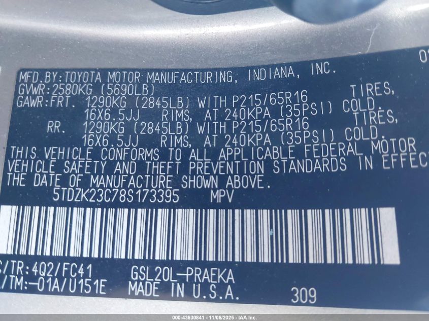 2008 Toyota Sienna Le VIN: 5TDZK23C78S173395 Lot: 43630841