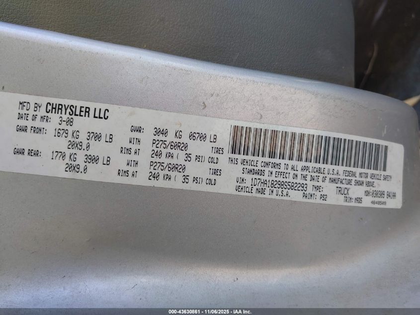 2008 Dodge Ram 1500 Slt VIN: 1D7HA18298S582293 Lot: 43630861
