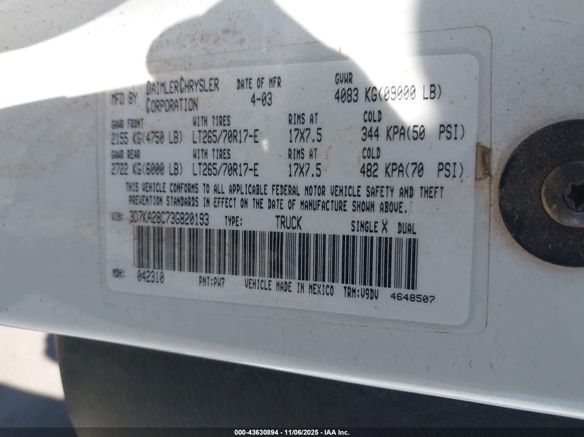 2003 Dodge Ram 2500 Slt/Laramie/St VIN: 3D7KA28C73G820193 Lot: 43630894
