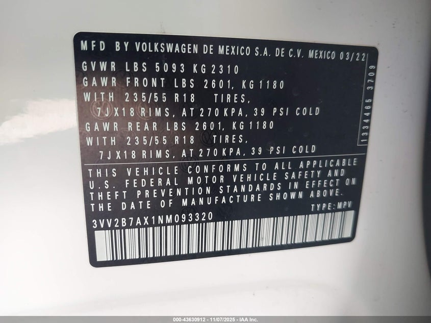 2022 VOLKSWAGEN TIGUAN 2.0T SE 3VV2B7AX1NM093320