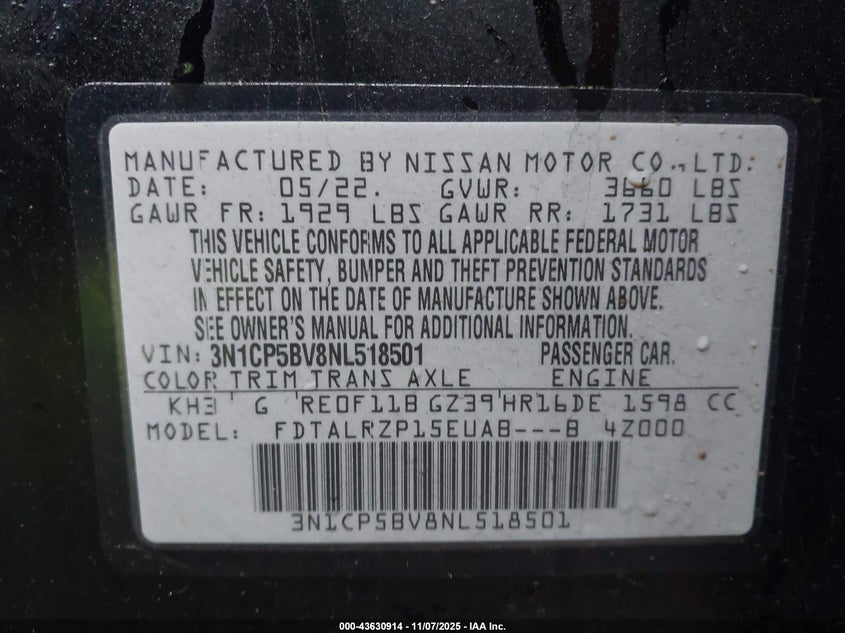 2022 NISSAN KICKS S 3N1CP5BV8NL518501