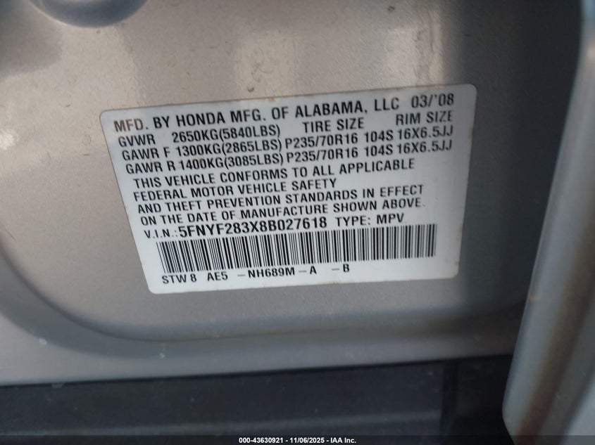 5FNYF283X8B027618 2008 HONDA PILOT photo no. 9