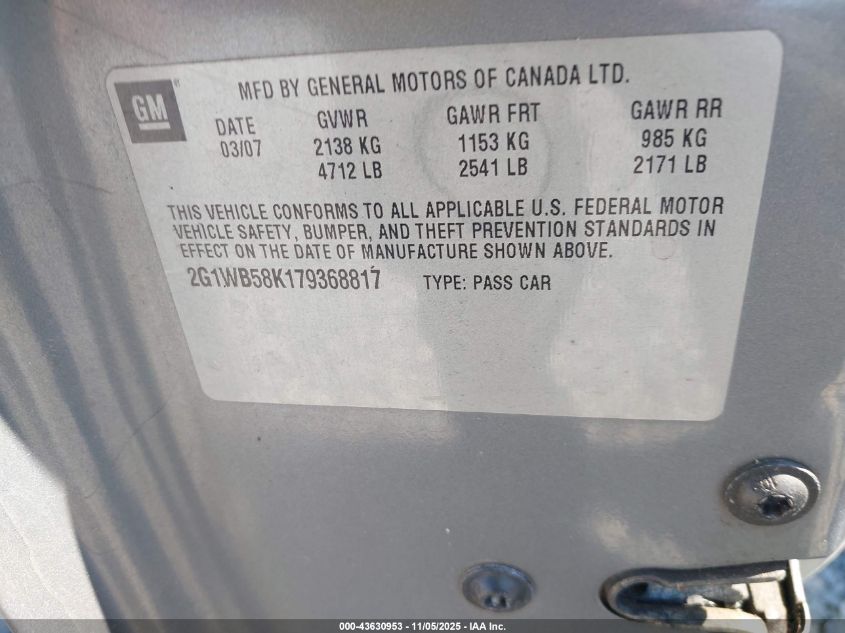 2007 Chevrolet Impala Ls VIN: 2G1WB58K179368817 Lot: 43630953