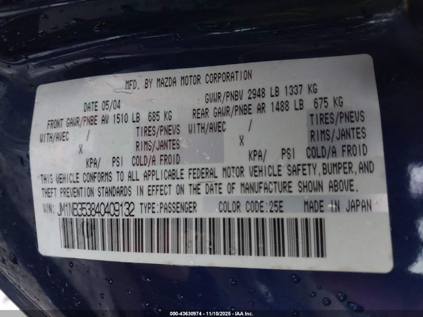 2004 Mazda Mx-5 Miata Ls VIN: JM1NB353840409132 Lot: 43630974