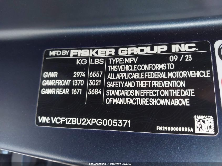 2023 Fisker Ocean One VIN: VCF1ZBU2XPG005371 Lot: 43630996