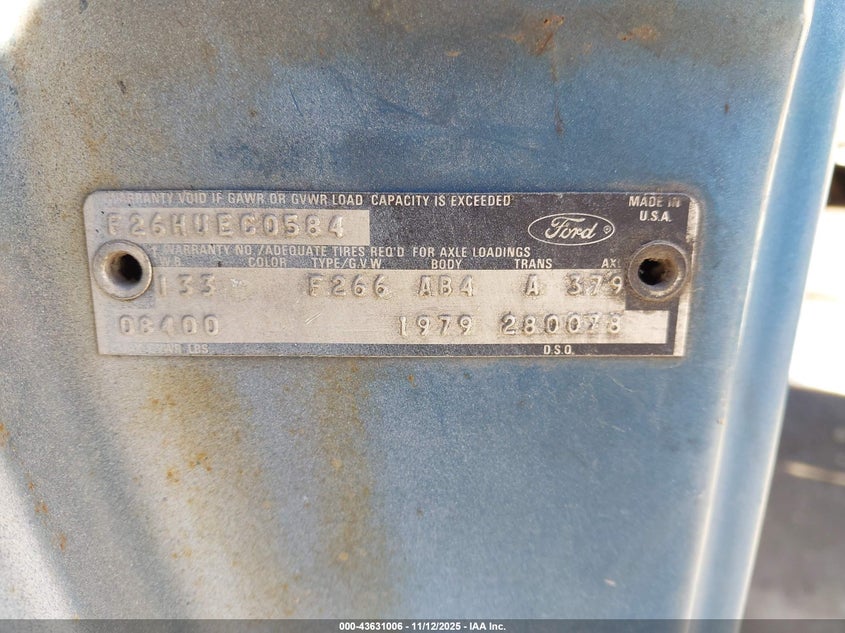 1979 Ford F-250 VIN: F26HUEC0584 Lot: 43631006