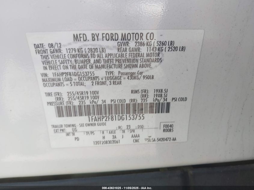 2013 Ford Taurus Limited VIN: 1FAHP2F81DG153755 Lot: 43631025