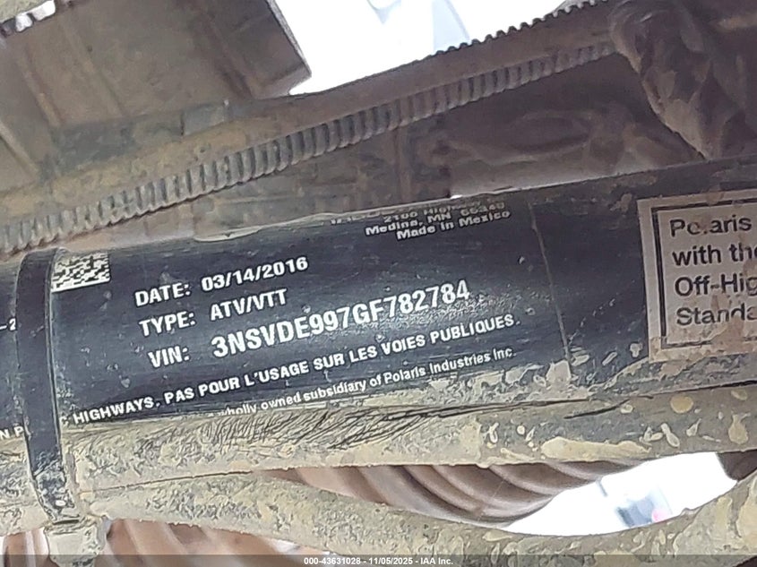 2016 Polaris Rzr Xp 1000 Eps VIN: 3NSVDE997GF782784 Lot: 43631028