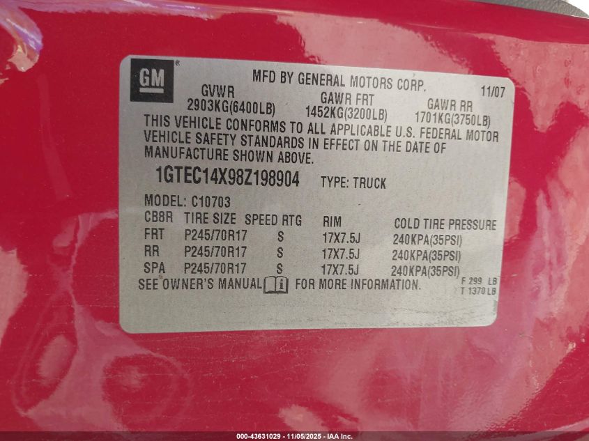 2008 GMC Sierra 1500 Work Truck VIN: 1GTEC14X98Z198904 Lot: 43631029