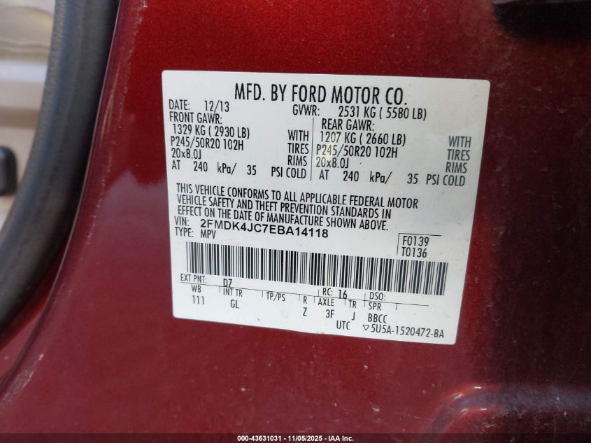 2014 Ford Edge Sel VIN: 2FMDK4JC7EBA14118 Lot: 43631031