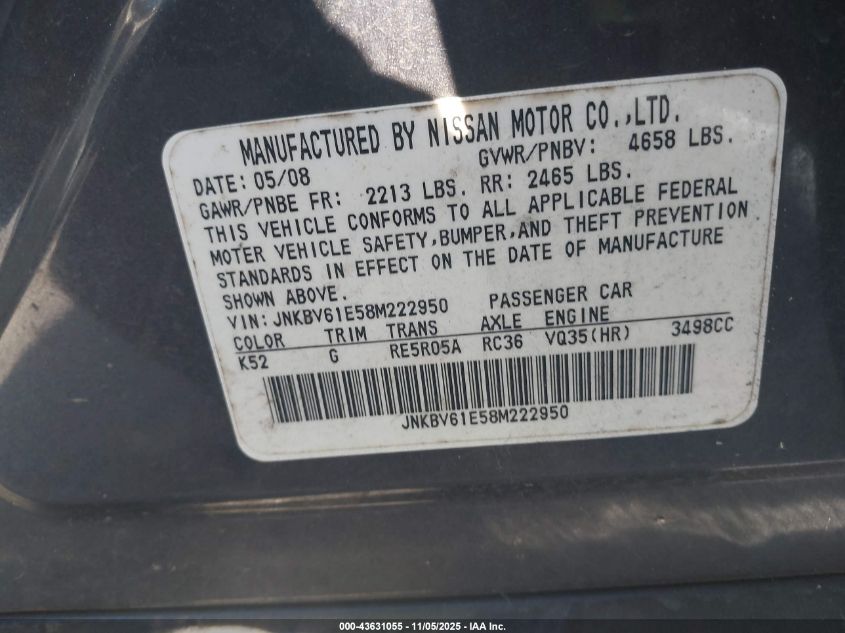 2008 Infiniti G35 VIN: JNKBV61E58M222950 Lot: 43631055