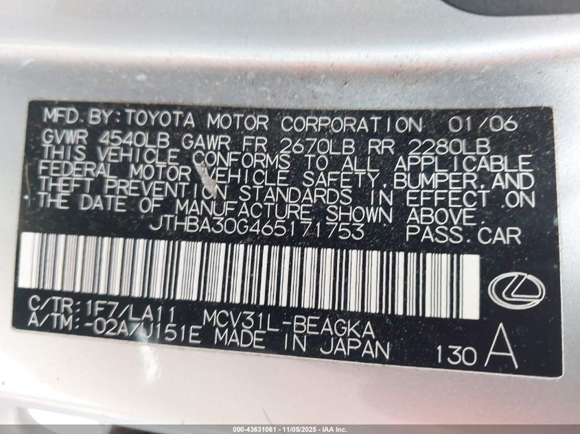 2006 Lexus Es 330 VIN: JTHBA30G465171753 Lot: 43631061