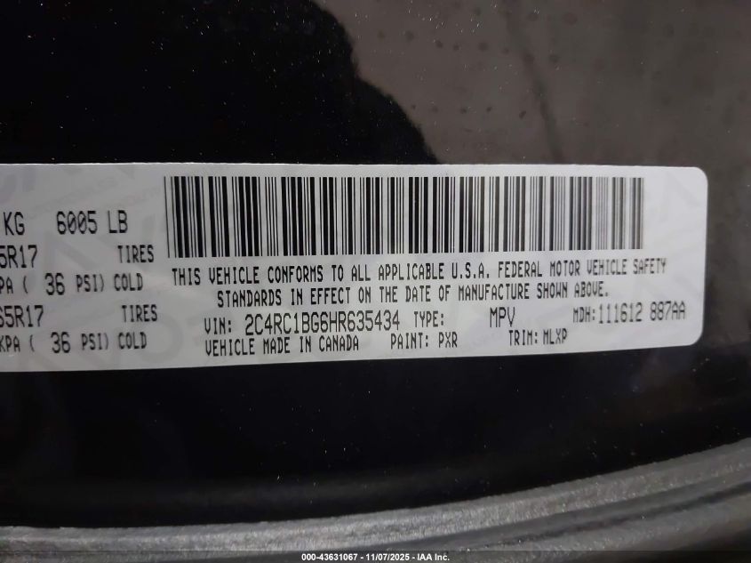 2017 Chrysler Pacifica Touring-L VIN: 2C4RC1BG6HR635434 Lot: 43631067