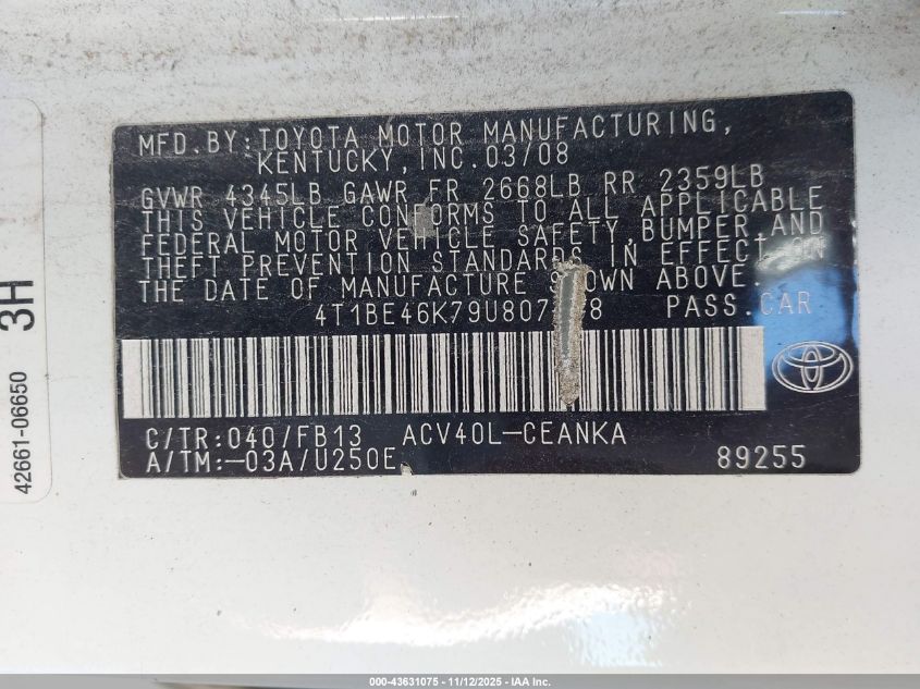 2009 Toyota Camry Le VIN: 4T1BE46K79U807188 Lot: 43631075