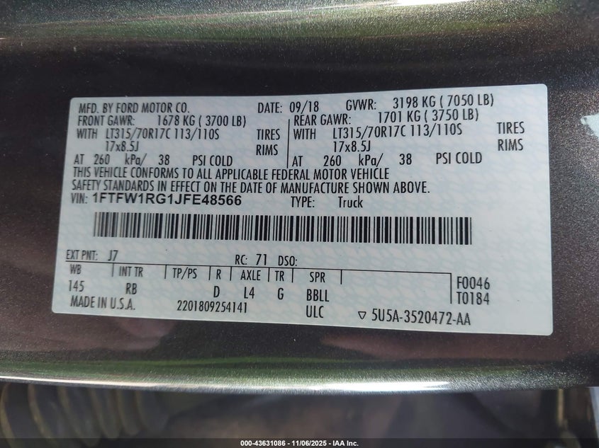 2018 FORD F-150 RAPTOR 1FTFW1RG1JFE48566