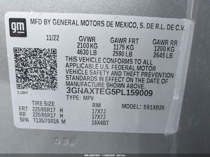 2023 Chevrolet Equinox Awd 2Fl VIN: 3GNAXTEG5PL159009 Lot: 43631087